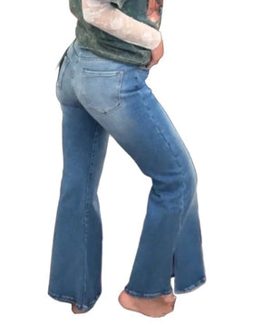 Mid Rise Side Slit Hem Flare Jeans