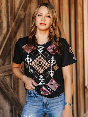 Black Coral Aztec Printed Short Sleeve Top