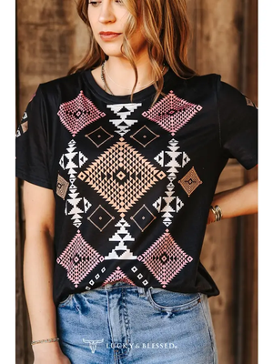 Black Coral Aztec Printed Short Sleeve Top