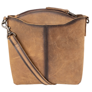 Brown leather crossbody bag on a white background