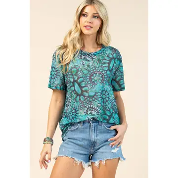 MARGO Turquoise Print Semi Sheer Mesh Top