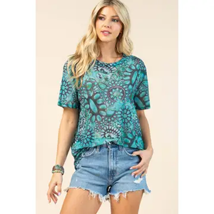 MARGO Turquoise Print Semi Sheer Mesh Top