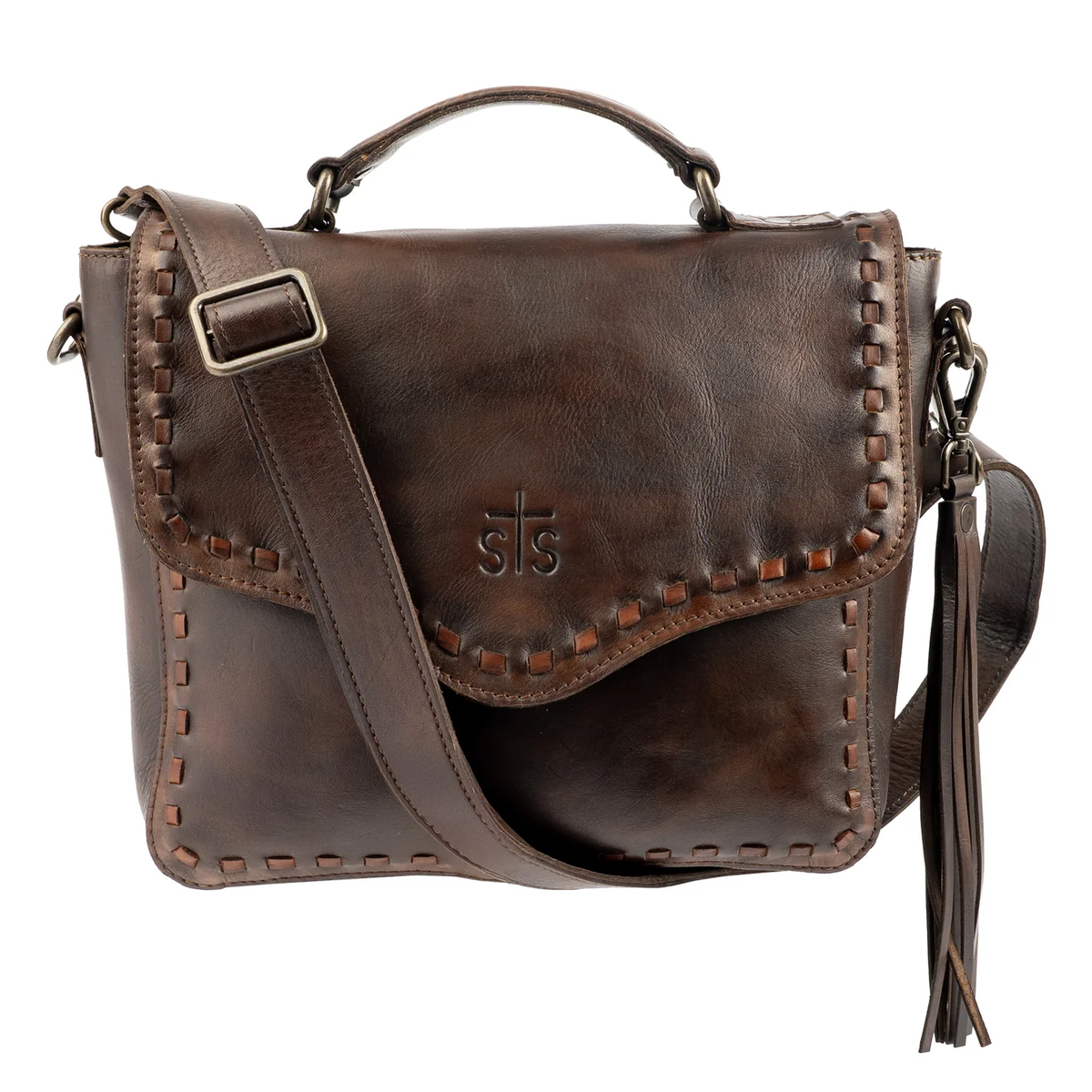 A dark brown leather shoulder bag with a top handle, adjustable crossbody strap, decorative stitching, and a tassel detail, shown against a plain white background.