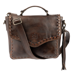 A dark brown leather shoulder bag with a top handle, adjustable crossbody strap, decorative stitching, and a tassel detail, shown against a plain white background.