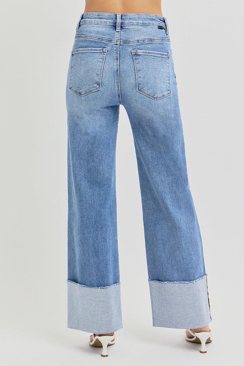High Rise Ankle Wide Cuffed Jeans