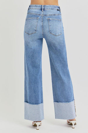 High Rise Ankle Wide Cuffed Jeans