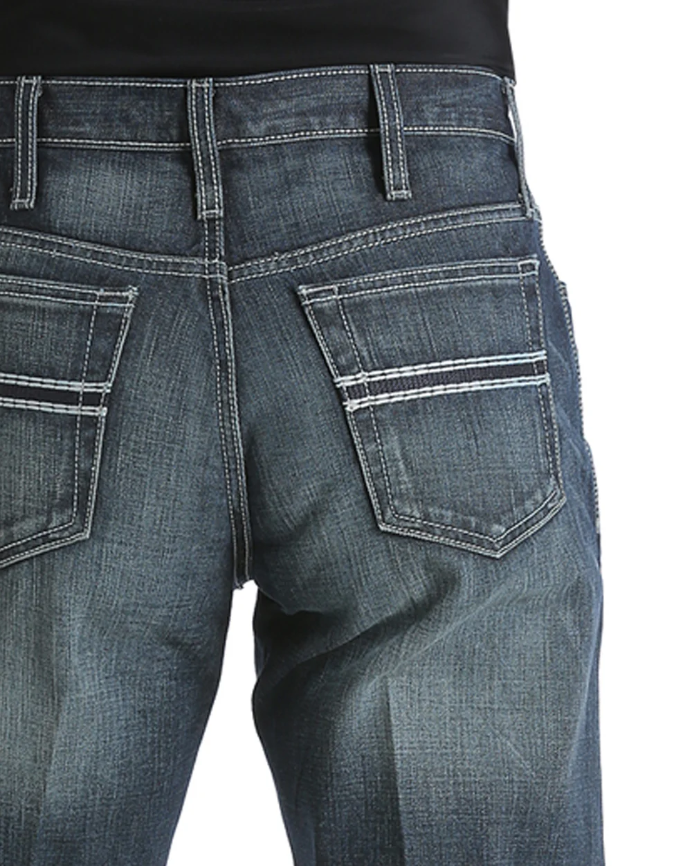 Close-up of blue jeans with a focus on the back pocket and stitching details.