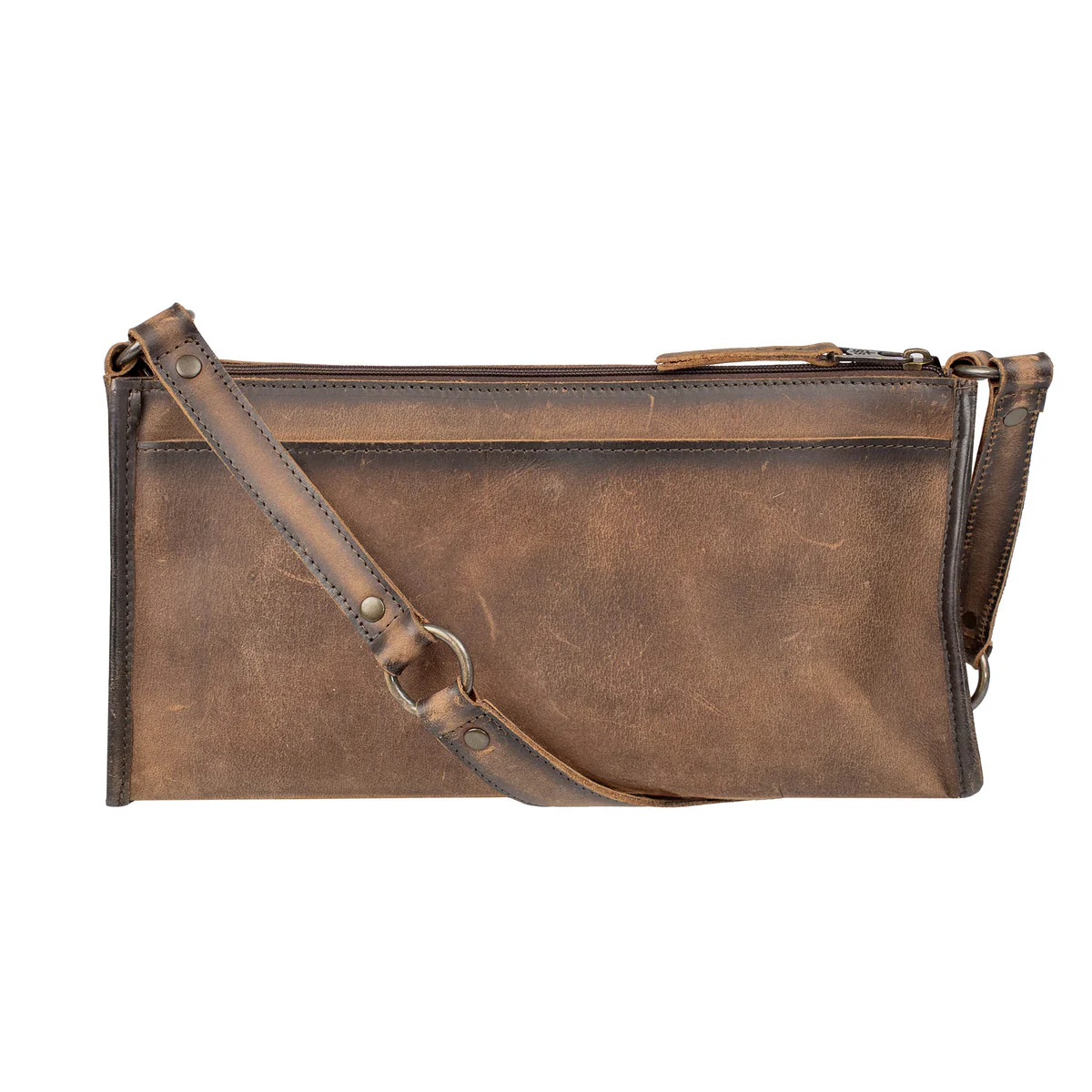 Brown leather clutch bag with shoulder strap on a white background