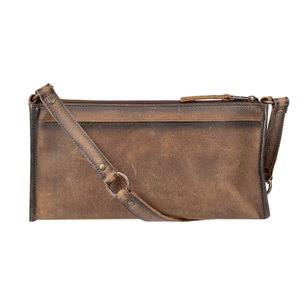 Brown leather clutch bag with shoulder strap on a white background