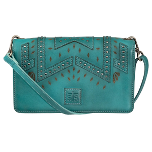 Teal handbag with decorative patterns and a visible brand logo on a white background