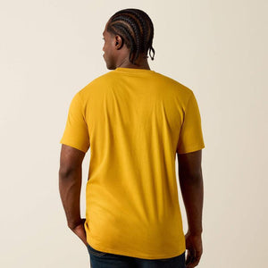 Yellow t-shirt with purple 'Ariat Boot Co.' logo and text on a yellow background