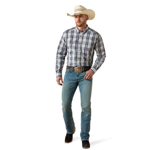Man wearing a blue plaid shirt.