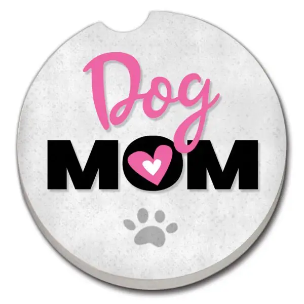 Car coaster with 'Dog Mom' text and heart design on a white background