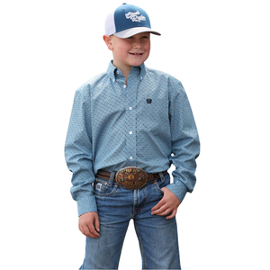 Cinch Youth Boy's Blue Geometric Print Button Down Shirt