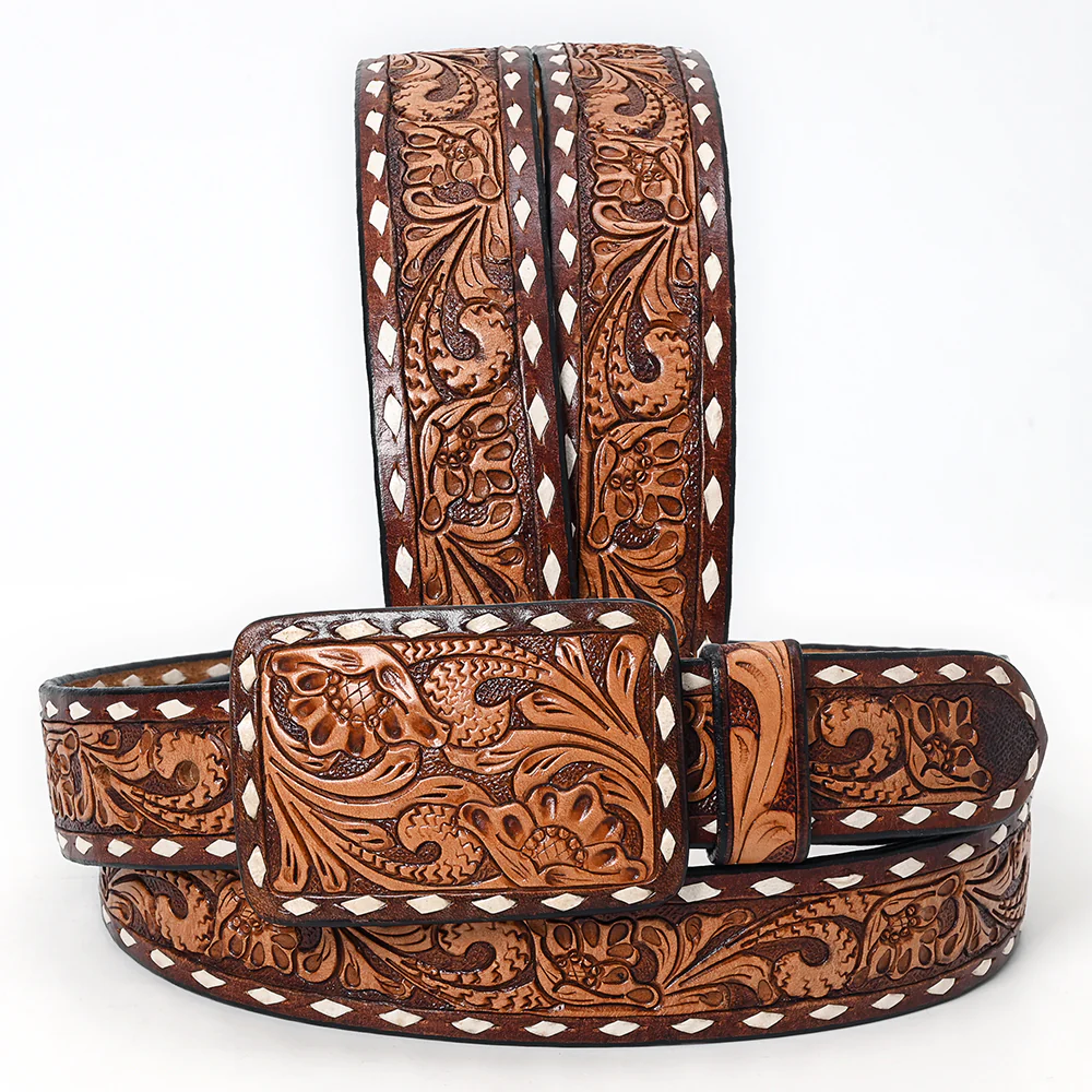 Two-Tone Tooled Leather Belt with Whipstitch Edge and Matching Buckle
