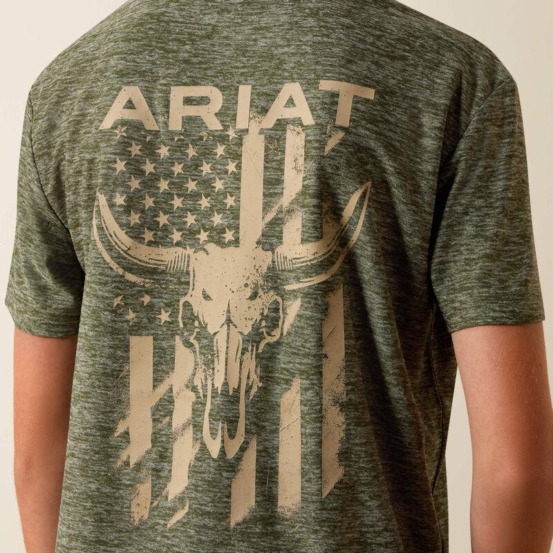 Green t-shirt with 'Ariat' logo and bull skull design on a beige background