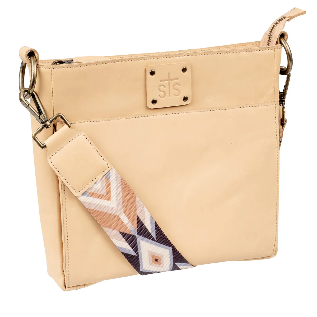 Beige handbag with a patterned strap on a white background