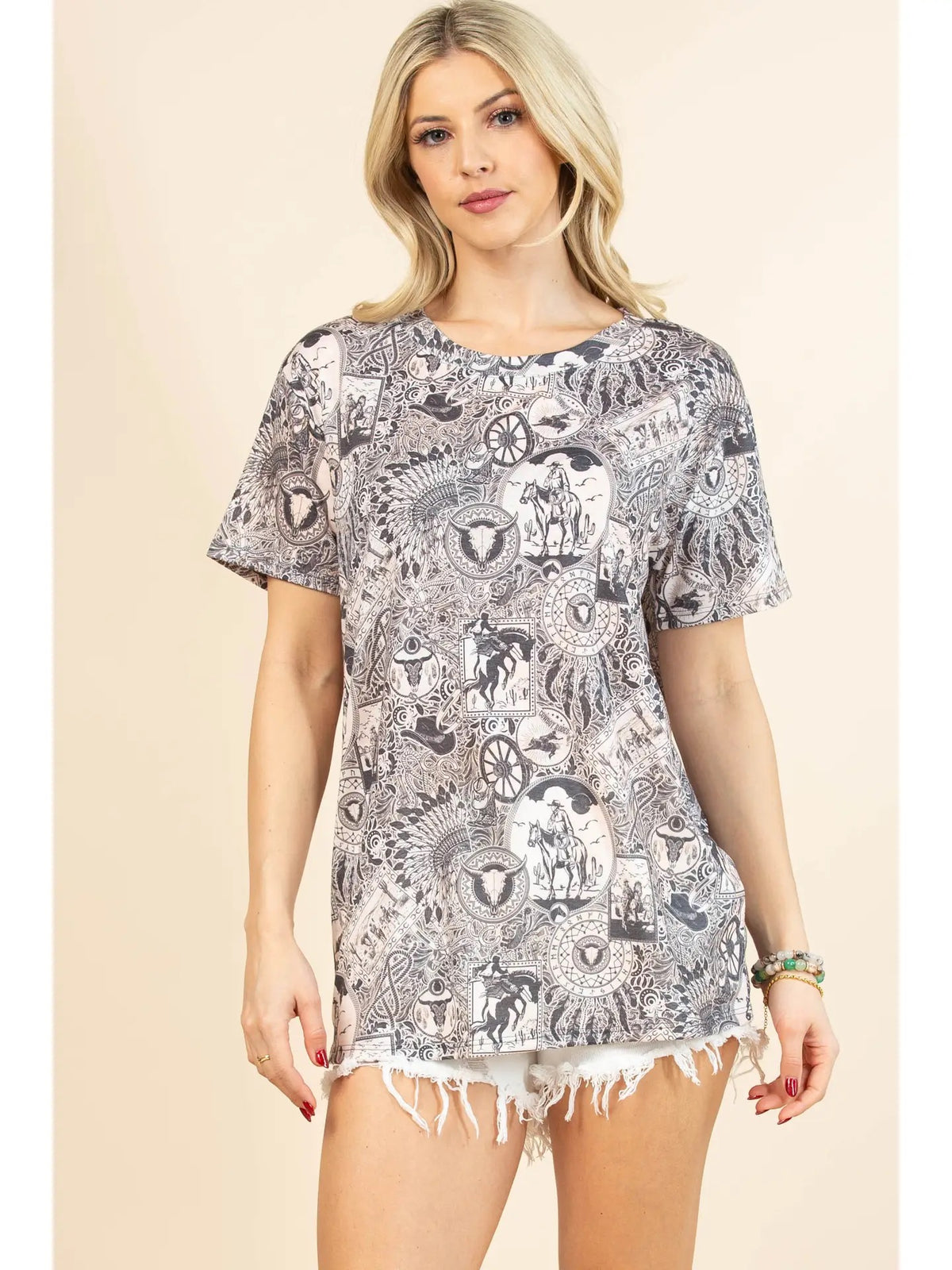 SALLY Western Print Relaxed Fit Short Sleeve T-Shirt