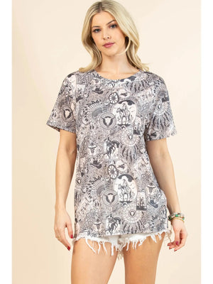 SALLY Western Print Relaxed Fit Short Sleeve T-Shirt