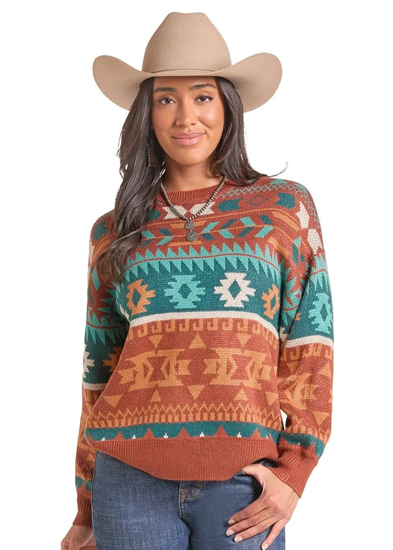 Panhandle Slim Women's Aztec Striped Sweater in Rust