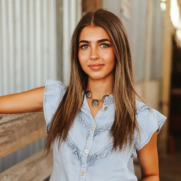 Light blue denim shirt with ruffled collar