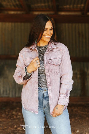 Lavender Mineral Wash Denim Pearl Snap Long Sleeve Shirt