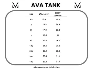 Size chart for AVA Tank with measurements in inches