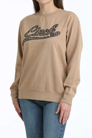 Women's Beige Sweatshirt featuring a black "Cinch" logo.