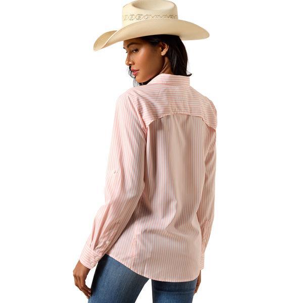 Peach and white striped button up long sleeve shirt