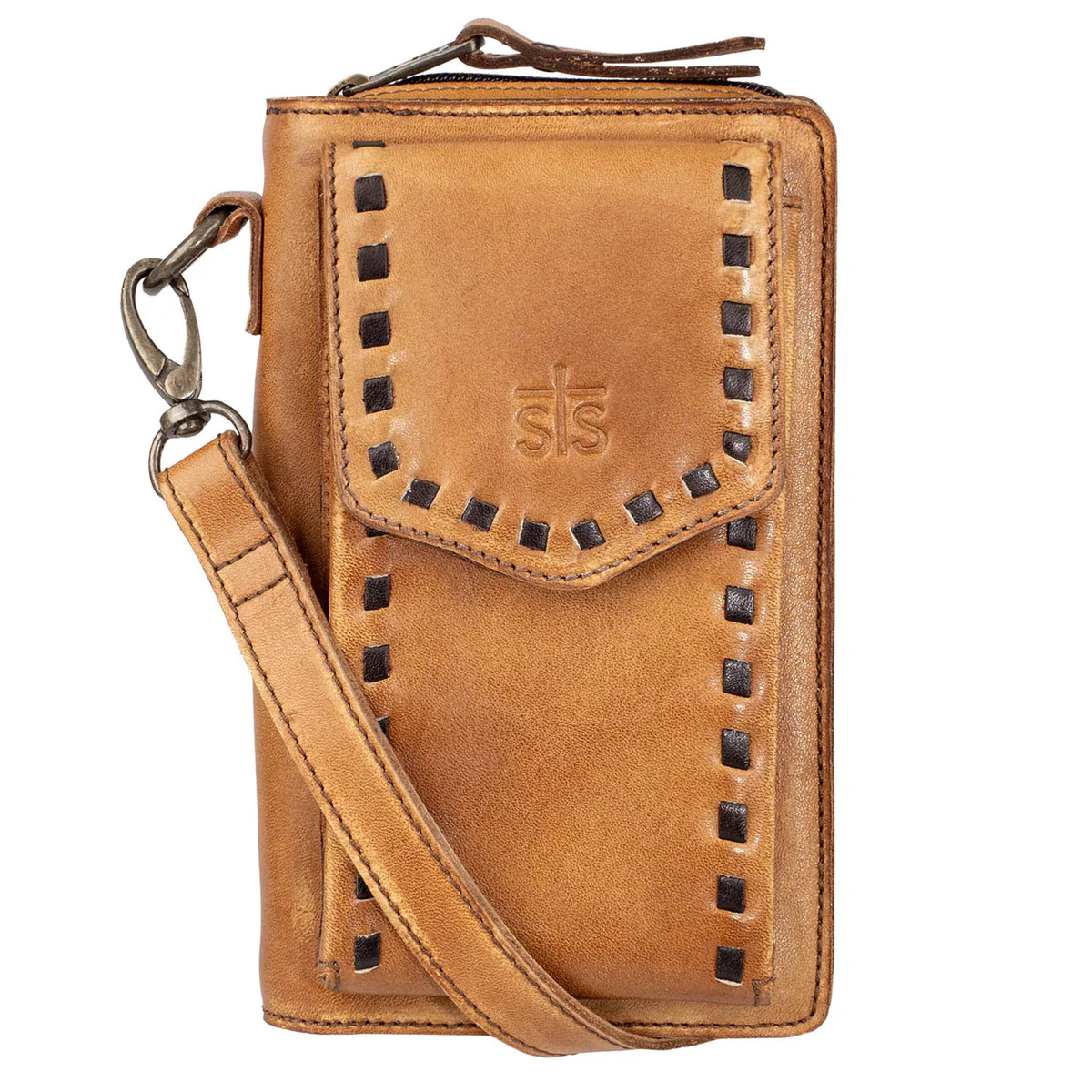 Brown leather wallet with strap on a white background