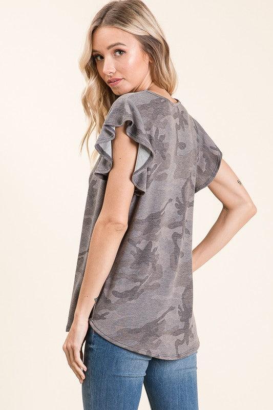 The Camo Ruffle Sleeve Top