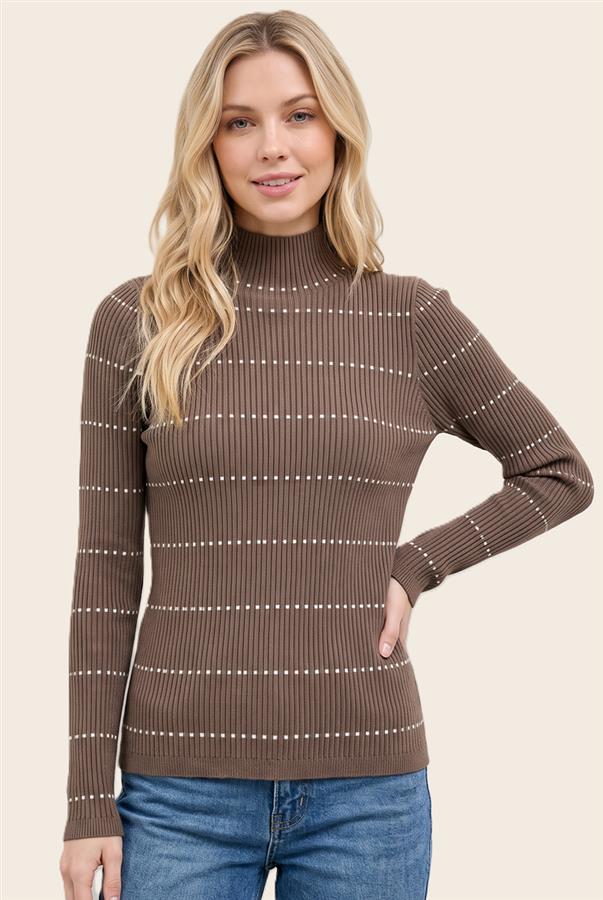 Brown ribbed mock-neck long-sleeve sweater with thin white dotted horizontal stripes