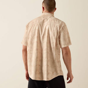 Short sleeve button down beige patterned shirt.