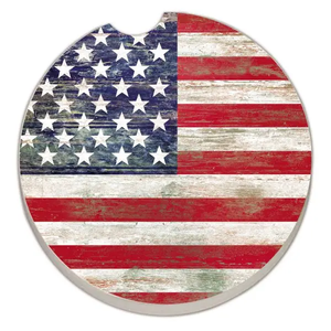 Round coaster with American flag design on a white background
