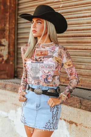 Texas Boot Collage Printed Long Sleeve Mesh Top