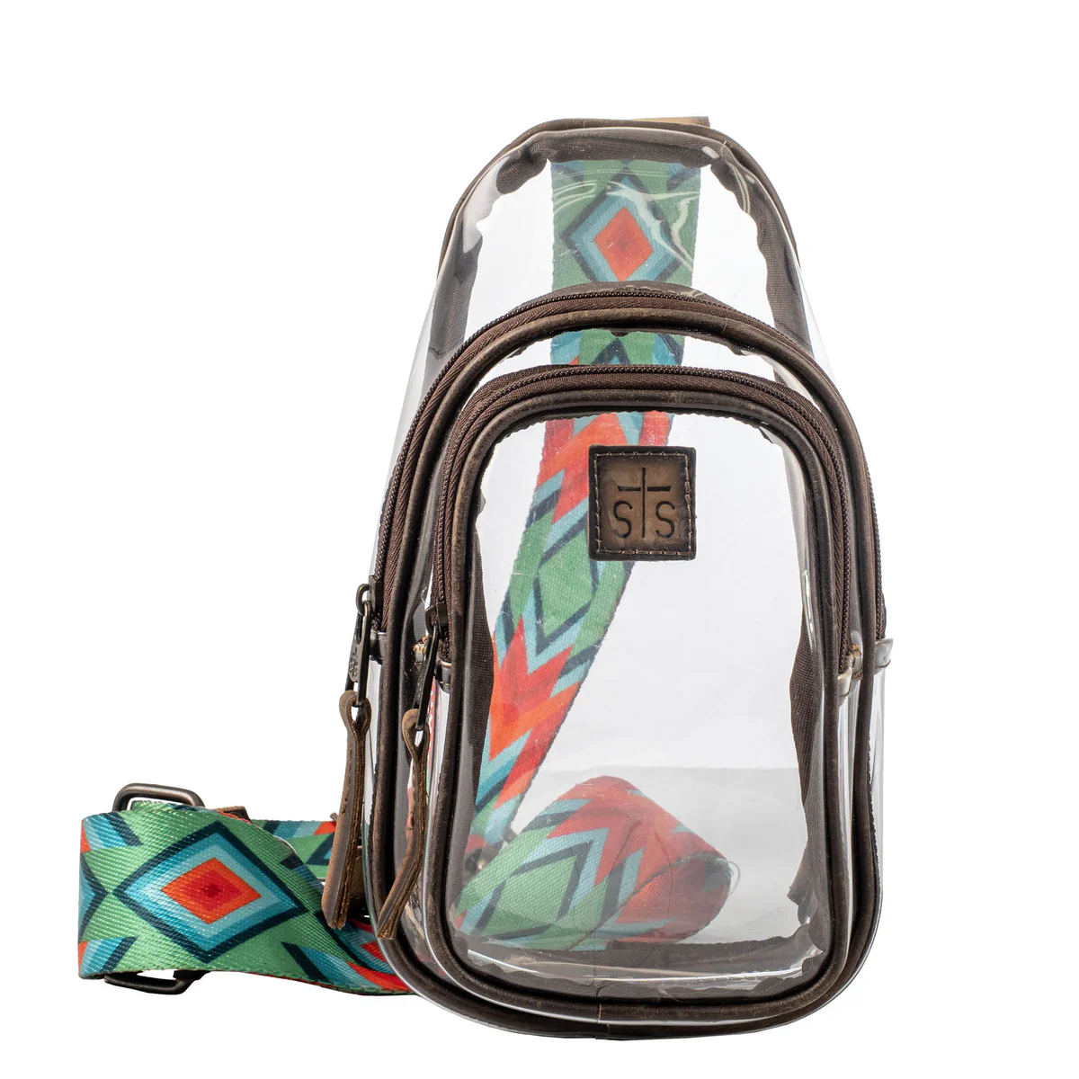 Clear sling bag with colorful strap on a white background