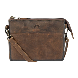 A brown distressed leather crossbody bag with a matching leather strap and a small embossed 'SIS' logo on the front, shown against a plain white background.
