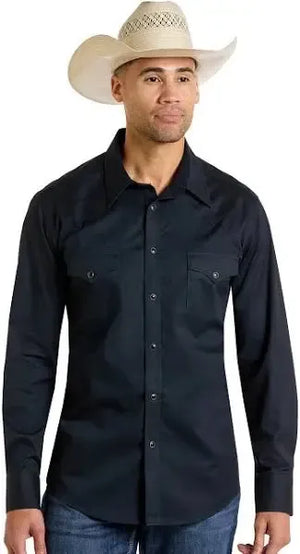 Rock & Roll Men's Solid Twill Long Sleeve Shirt- Black