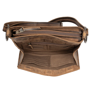 Brown leather bag with multiple compartments and zippers on a white background