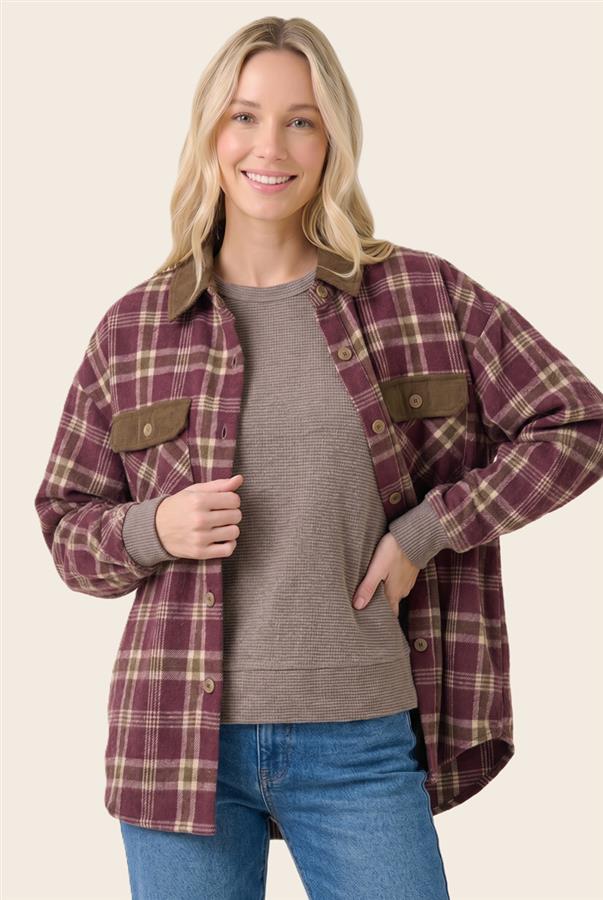Burgundy and tan plaid button-up flannel shirt jacket with brown corduroy collar and chest flap pockets