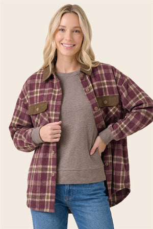 Burgundy and tan plaid button-up flannel shirt jacket with brown corduroy collar and chest flap pockets