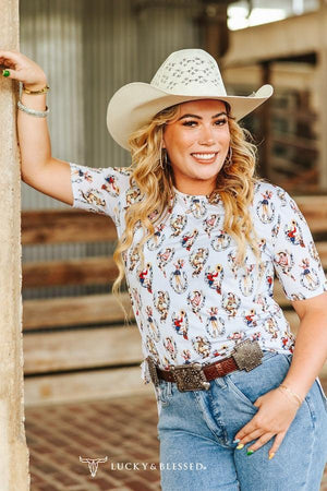 Pinup Cowgirl Short Sleeve Stretch Printed Top