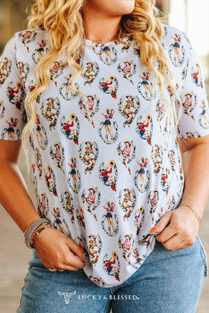 Pinup Cowgirl Short Sleeve Stretch Printed Top