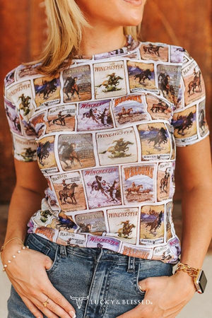 Collage Print Short Sleeve Mesh Top