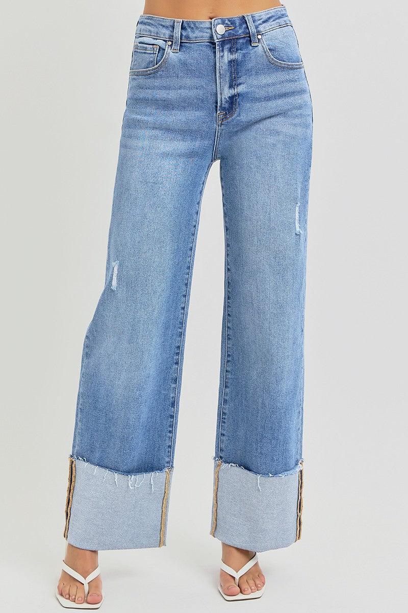 High Rise Ankle Wide Cuffed Jeans