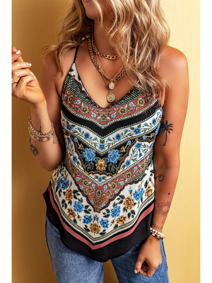 Mixed Floral Chevron Pattern Dip Hem Spaghetti Straps Tank