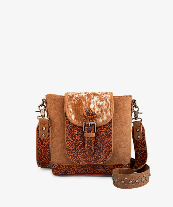 Trinity Ranch Genuine Hair-On Cowhide Tooled Concealed Carry Crossbody Bag
