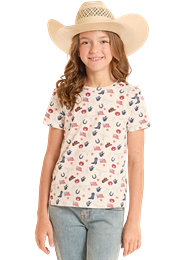 Young girl wearing a floral shirt and cowboy hat on a plain background