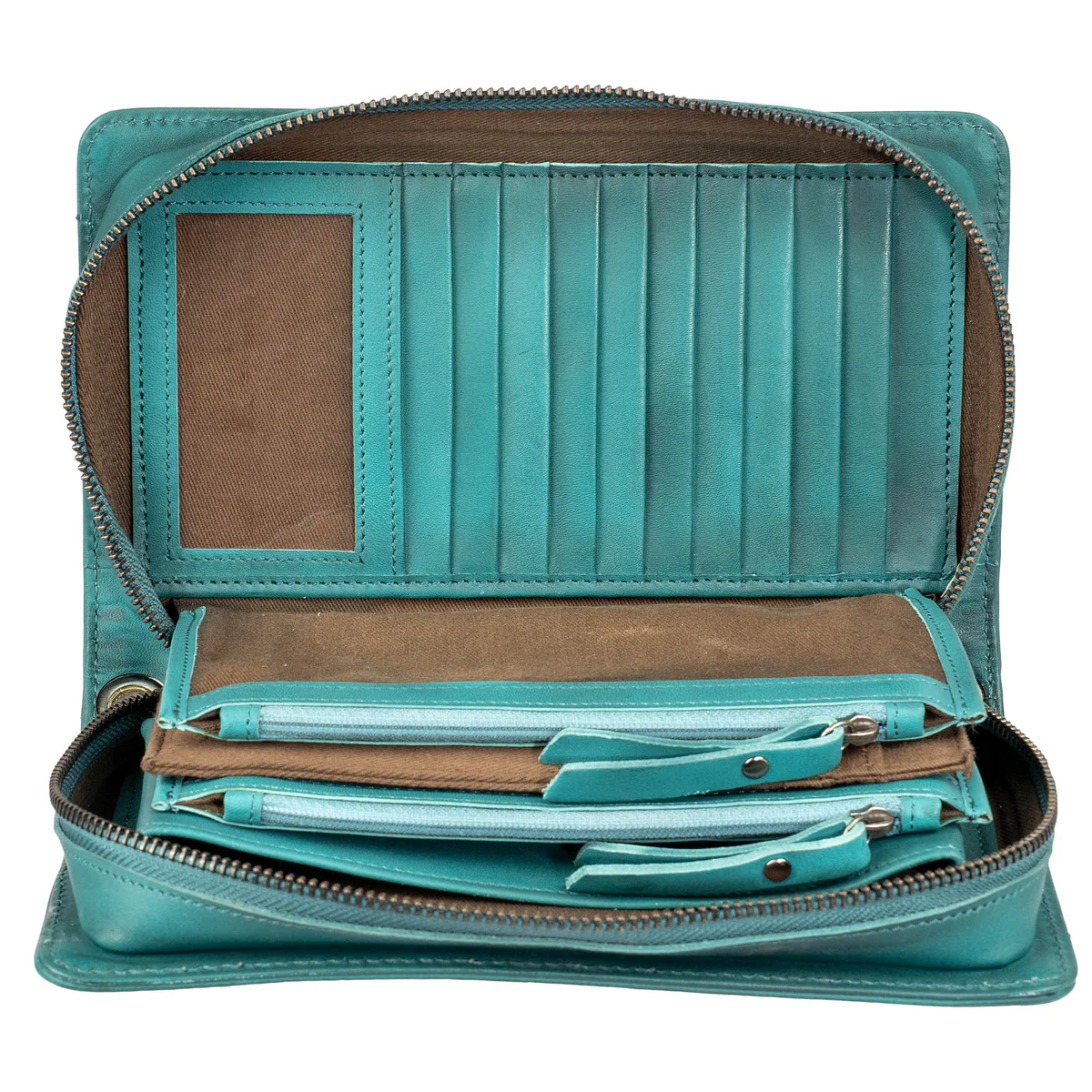 Open teal leather wallet with multiple compartments on a white background