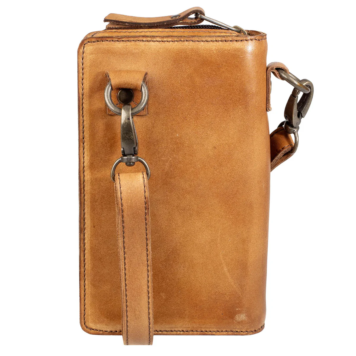 Brown leather crossbody bag with strap on a white background
